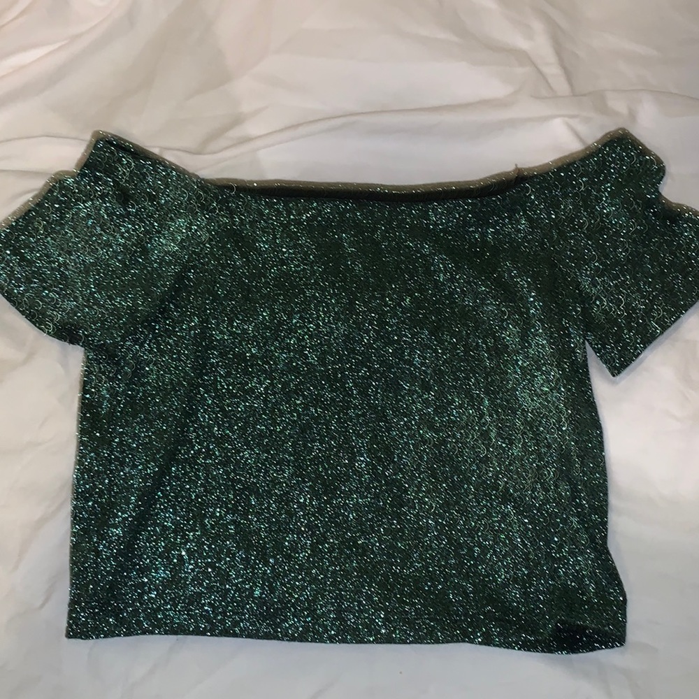 Green Glitter Off the Shoulder Crop